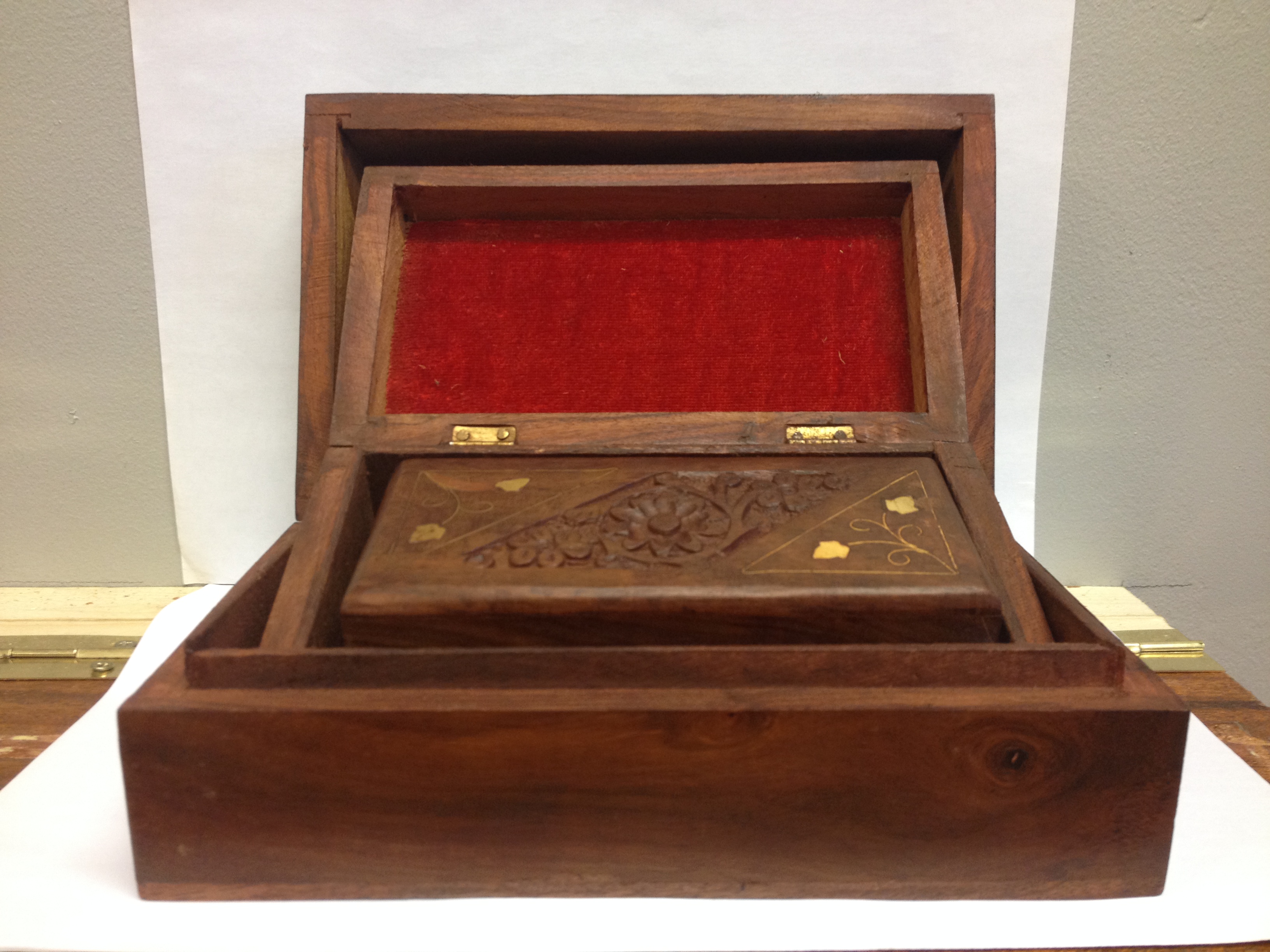Hand Carved and Brass Inlay Set of 3 Boxes.